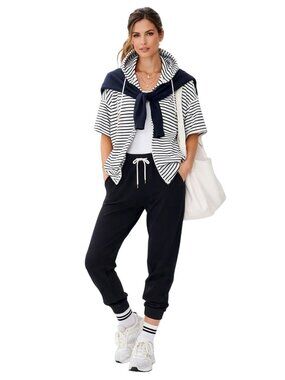 Nautical Athleisure Striped Hooded Poncho-Style Top Worth Womens M Black/White